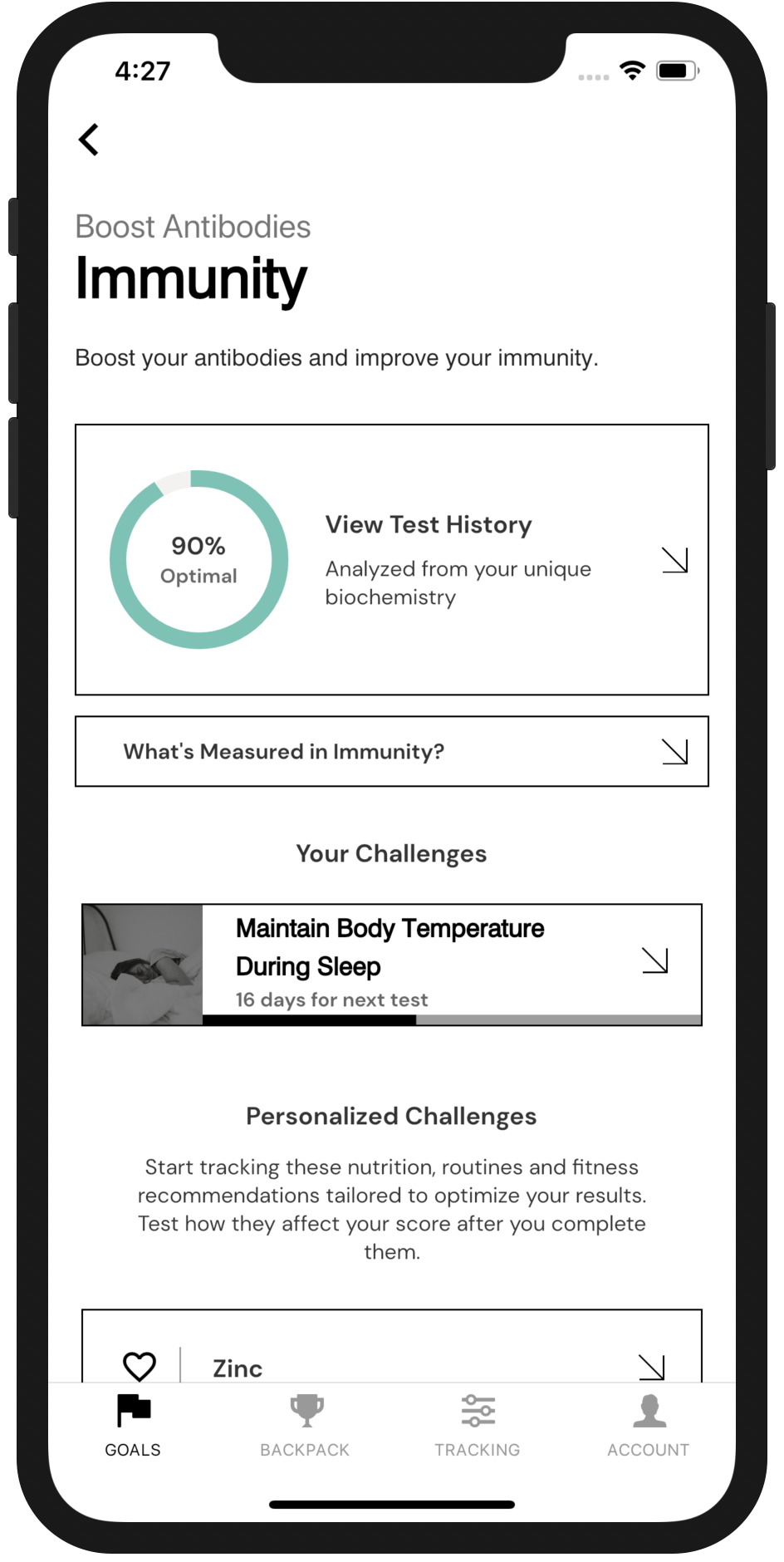 Phone screenshot that showcases timeline for stress tracking with blood samples.